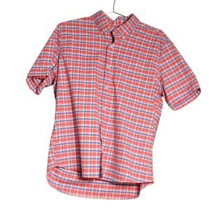 L.L. Bean Men’s Short Sleeve Button-Down Shirt Plaid Red Blue Casual Top Medium